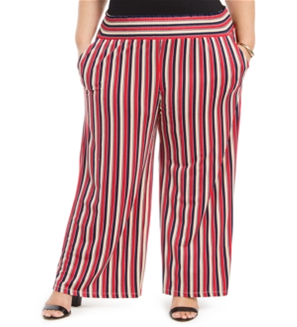 NY Collection Women's Plus Printed Smocked Waist Pants Red Size 2X