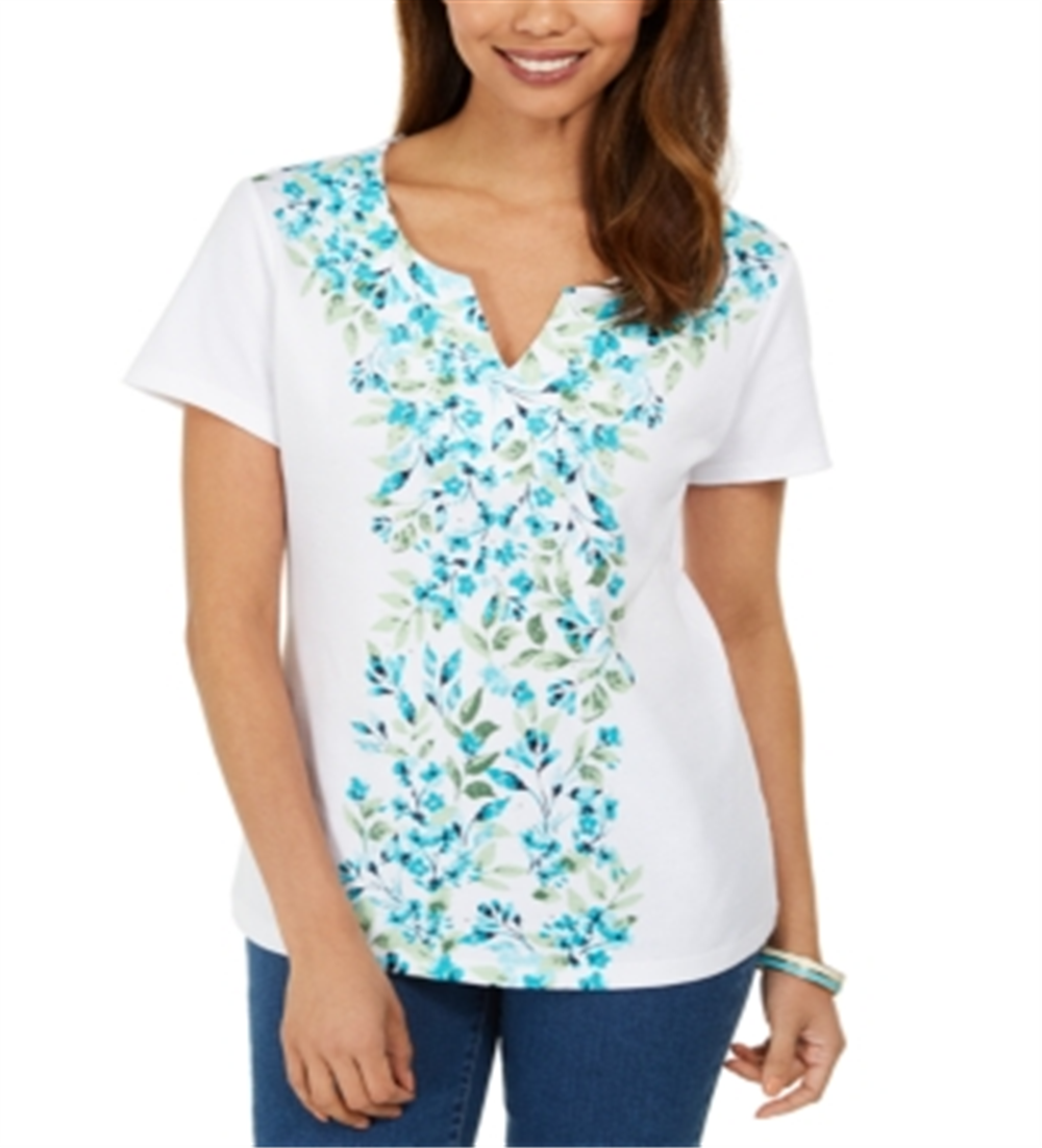 Karen Scott Women's Printed Split Neck Top White Size Medium