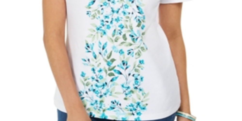 Karen Scott Women's Printed Split Neck Top White Size Medium