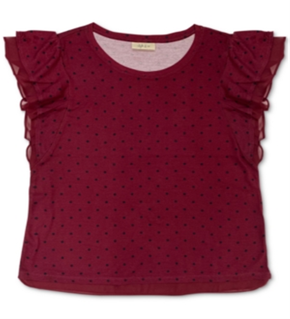 Style & Co Women's Dot Print Flutter Sleeve Top Red Size Small