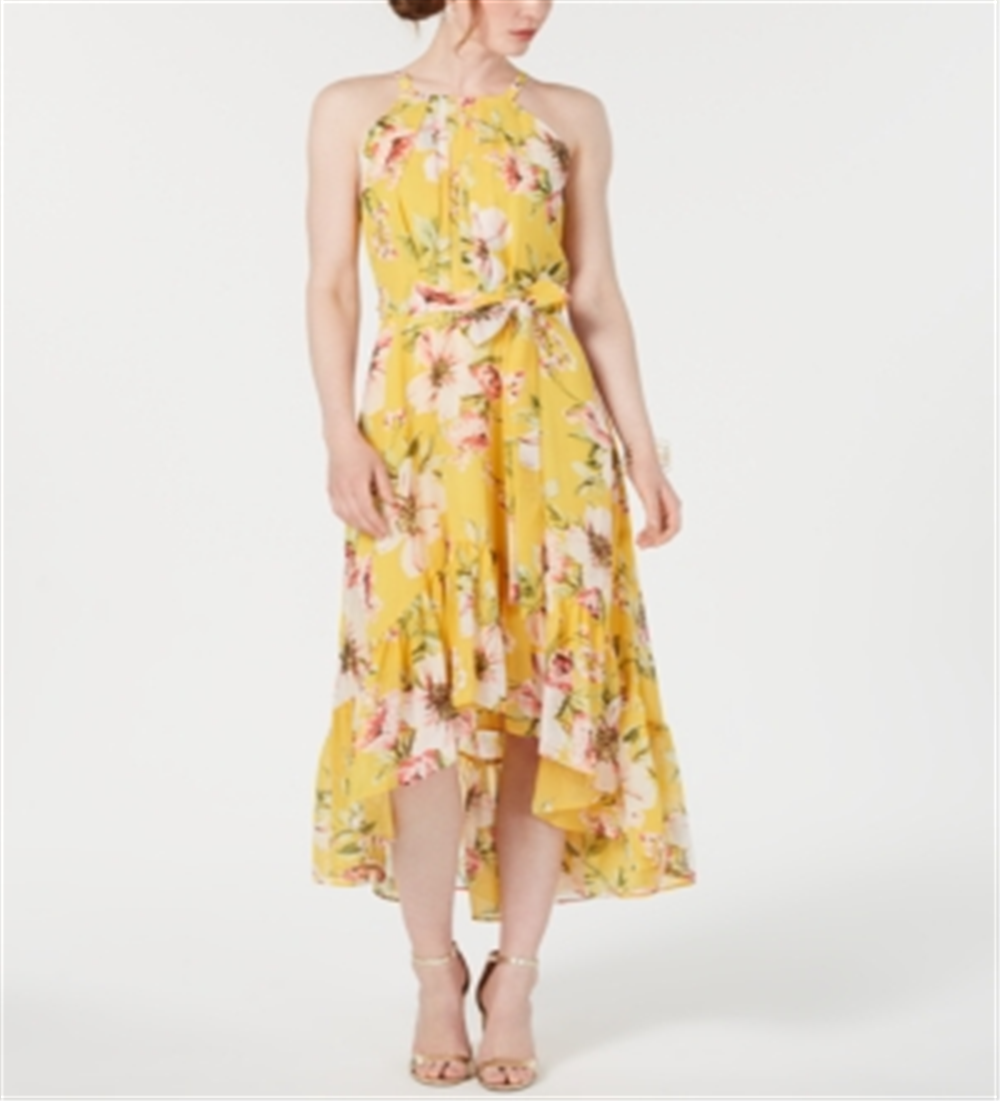 Vince Camuto Women's High Low Floral Flounce Maxi Dress Yellow Size 14