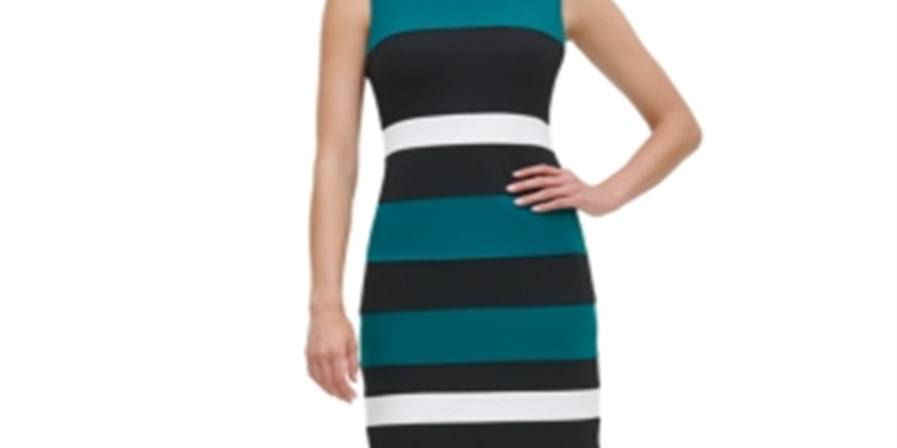 Tommy Hilfiger Women's Color Block Sleeveless Jewel Neck Knee Length Wear to Work Sheath Dress Black Size 18