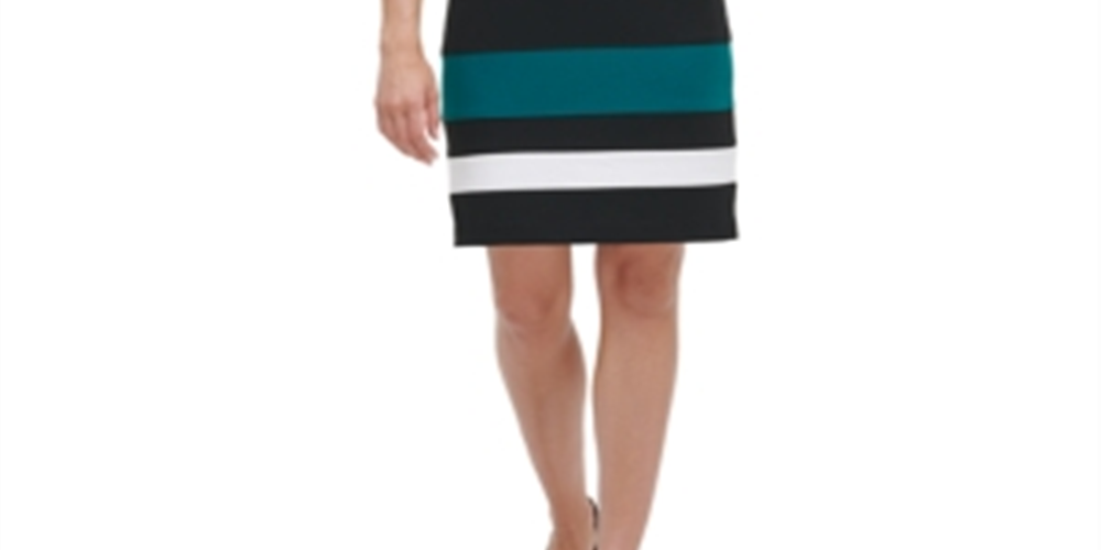 Tommy Hilfiger Women's Color Block Sleeveless Jewel Neck Knee Length Wear to Work Sheath Dress Black Size 18