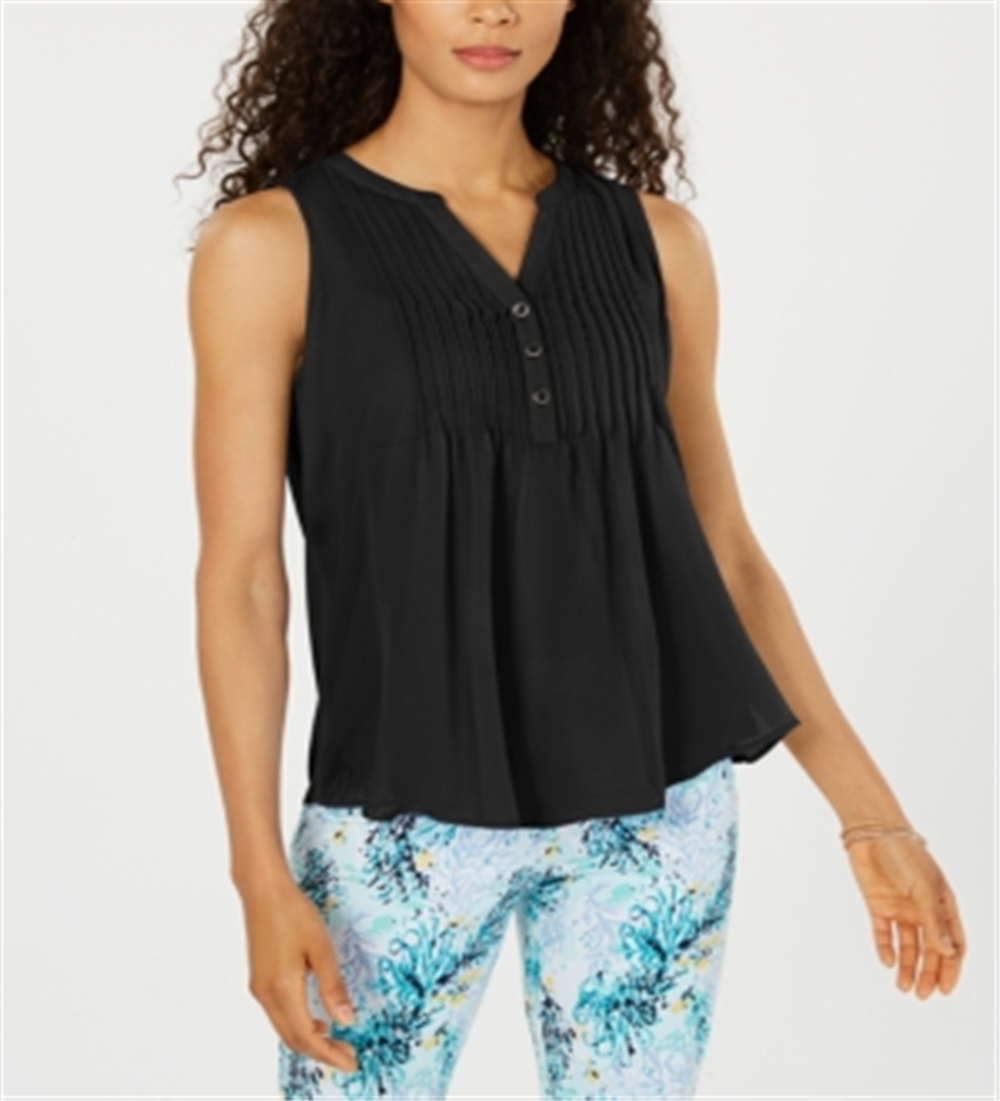 Charter Club Women's Sleeveless Pintuck Blouse Black Size Large