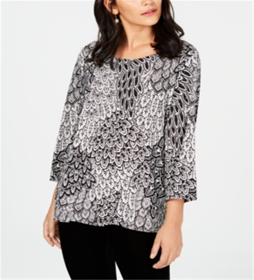 JM Collection Women's 3/4 Sleeve Novelty Printed Jacquard Top Black Size Small