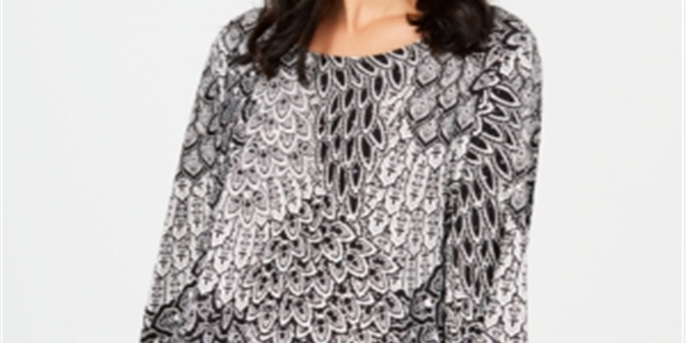 JM Collection Women's 3/4 Sleeve Novelty Printed Jacquard Top Black Size Small