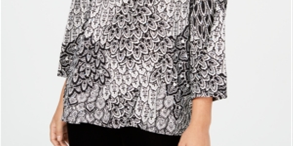 JM Collection Women's 3/4 Sleeve Novelty Printed Jacquard Top Black Size Small