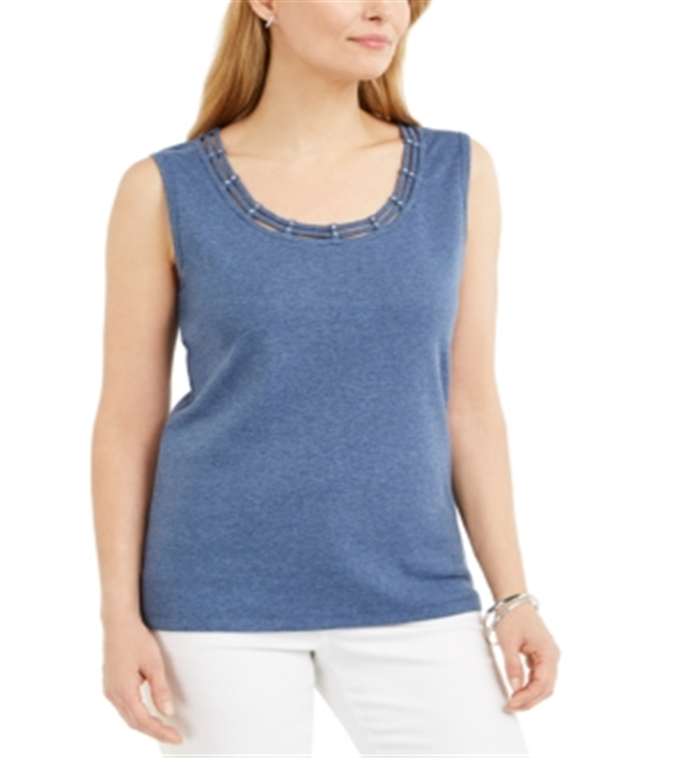 Karen Scott Women's Lattice Neck Tank Top Blue Size Medium