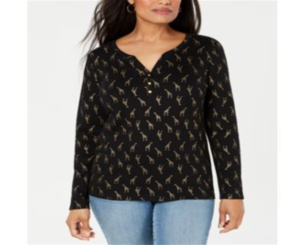 Karen Scott Women's Giraffe Print Henley Top Black Size Large