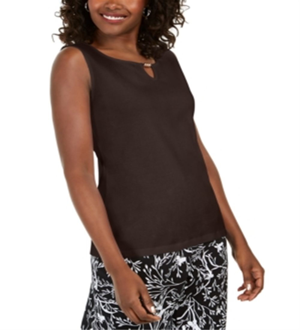 Karen Scott Women's Embellished Keyhole Tank Brown Size Small