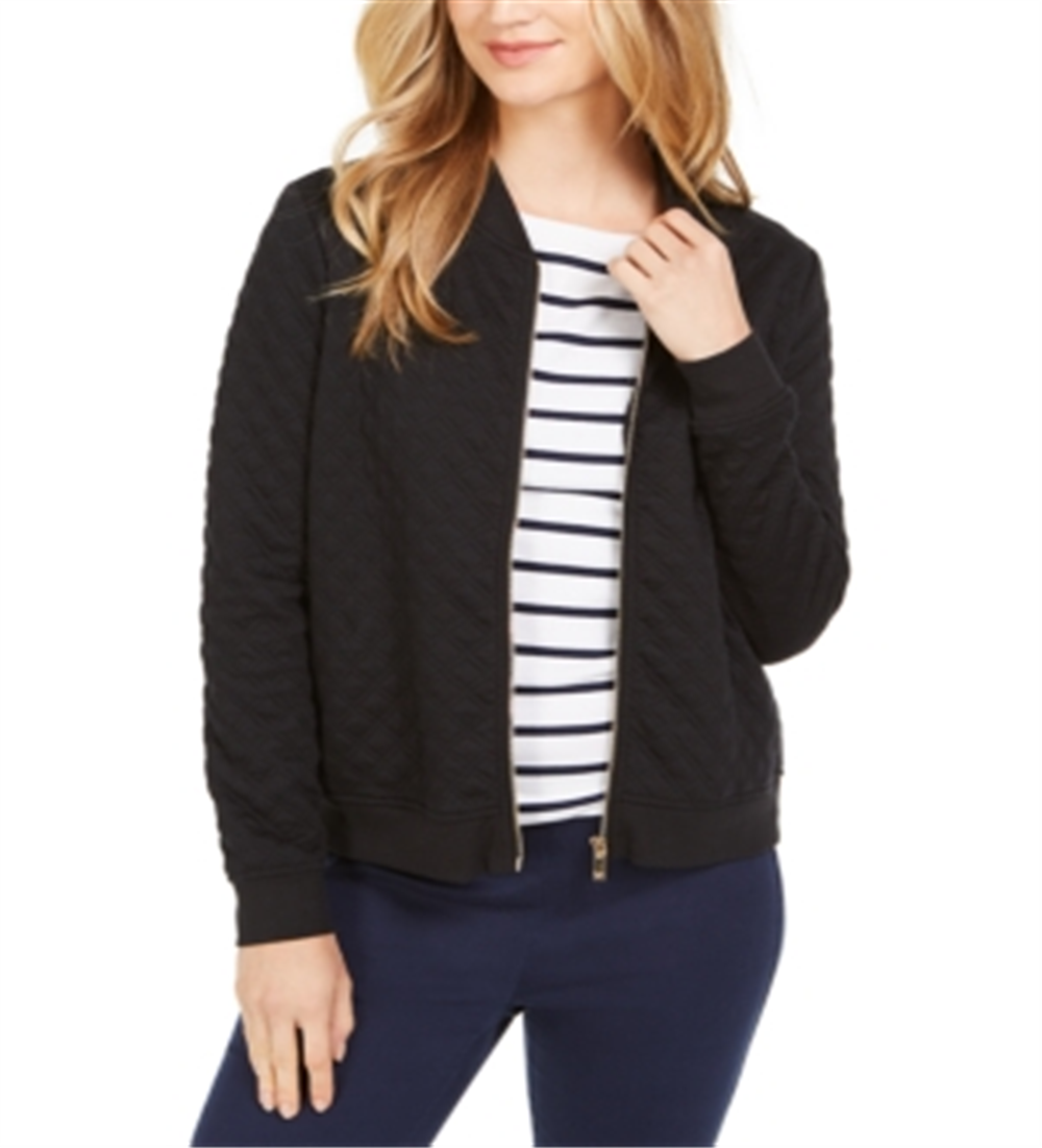Charter Club Women's Textured Knit Bomber Jacket Black Size XL