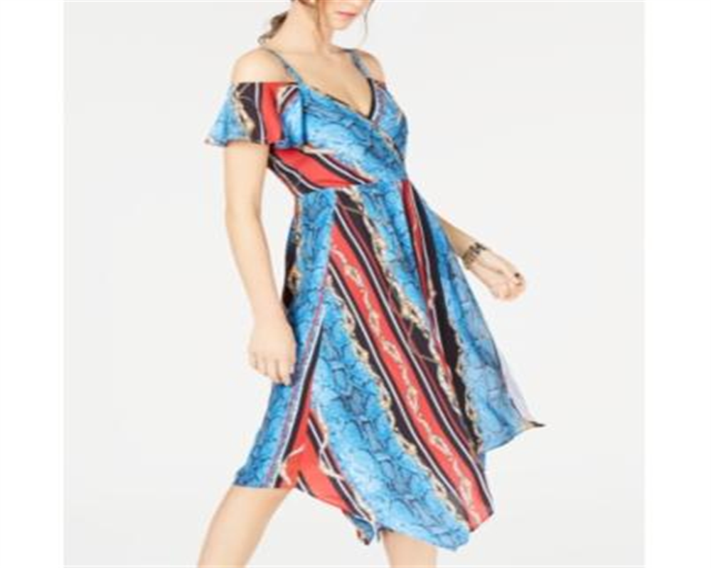 INC International Concepts Women's Cold Shoulder Printed V Neck MIDI Sheath Dress Blue Size 8