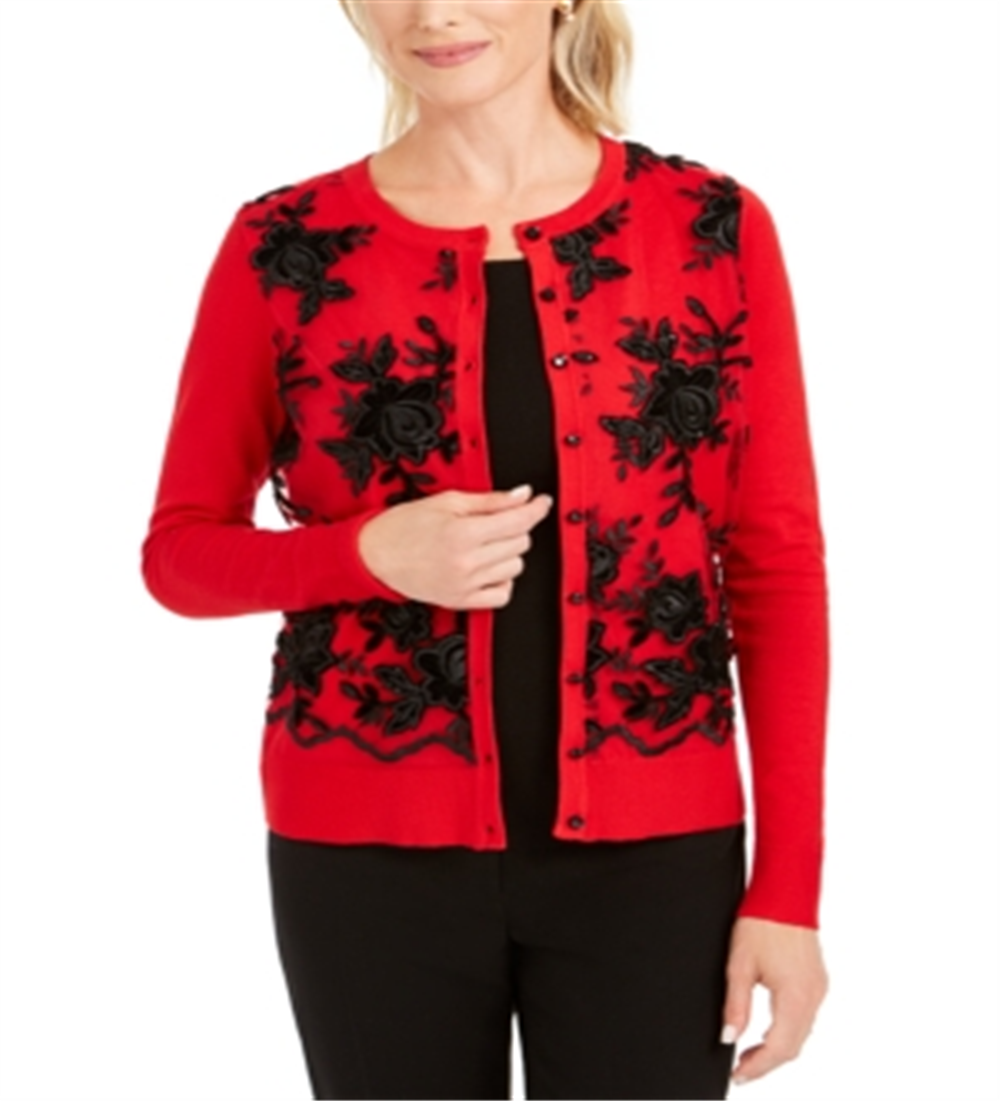 Charter Club Women's Sequined Button Sweater Red Size Small