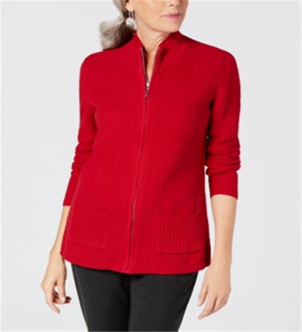 Karen Scott Women's Textu Zip Front Cardigan Red Size S