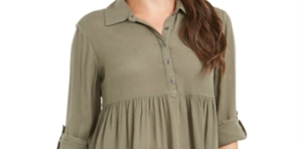 Style & Co Women's Roll Sleeve Oversized Shirt Green Size Medium