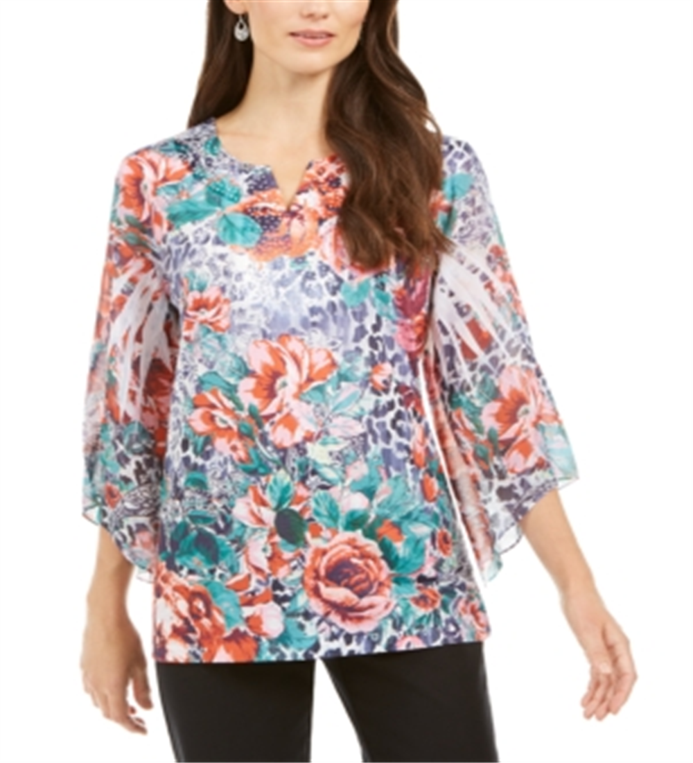 JM Collection Women's Printed Rhinestone Embellished Top Red Size XS
