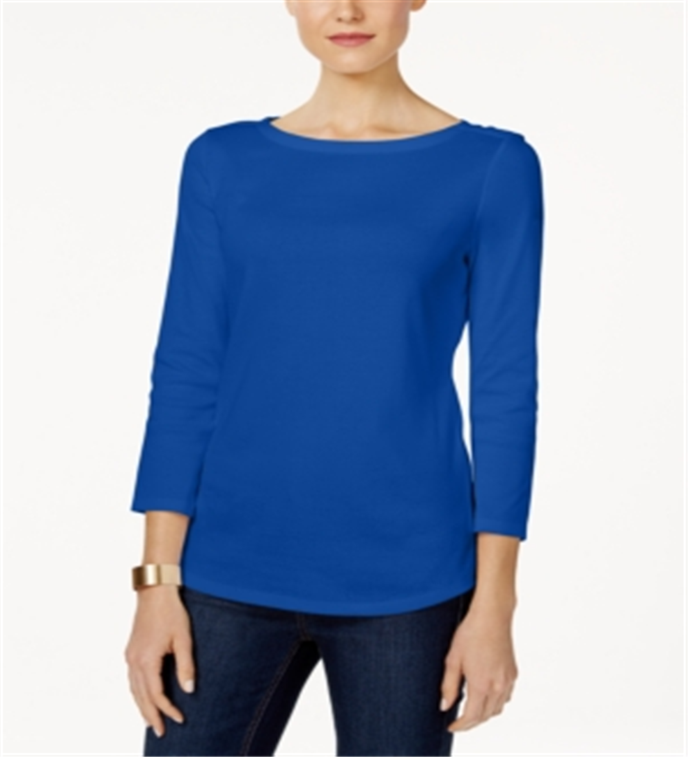 Charter Club Women's Pima Cotton Boat Neck Button Shoulder Top Blue Size 2XL