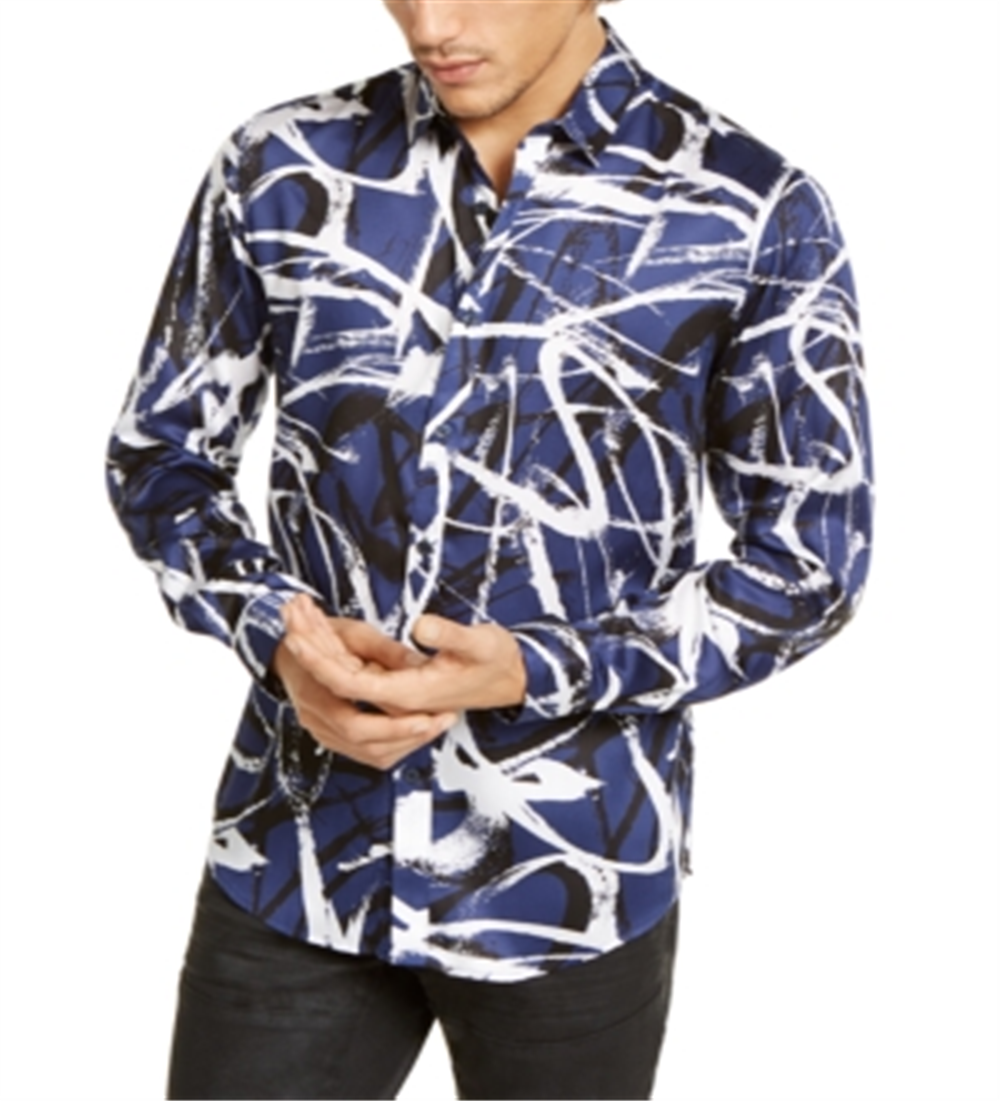 INC International Concepts Men's Satin Printed Button Down Shirt Blue Size 2XB