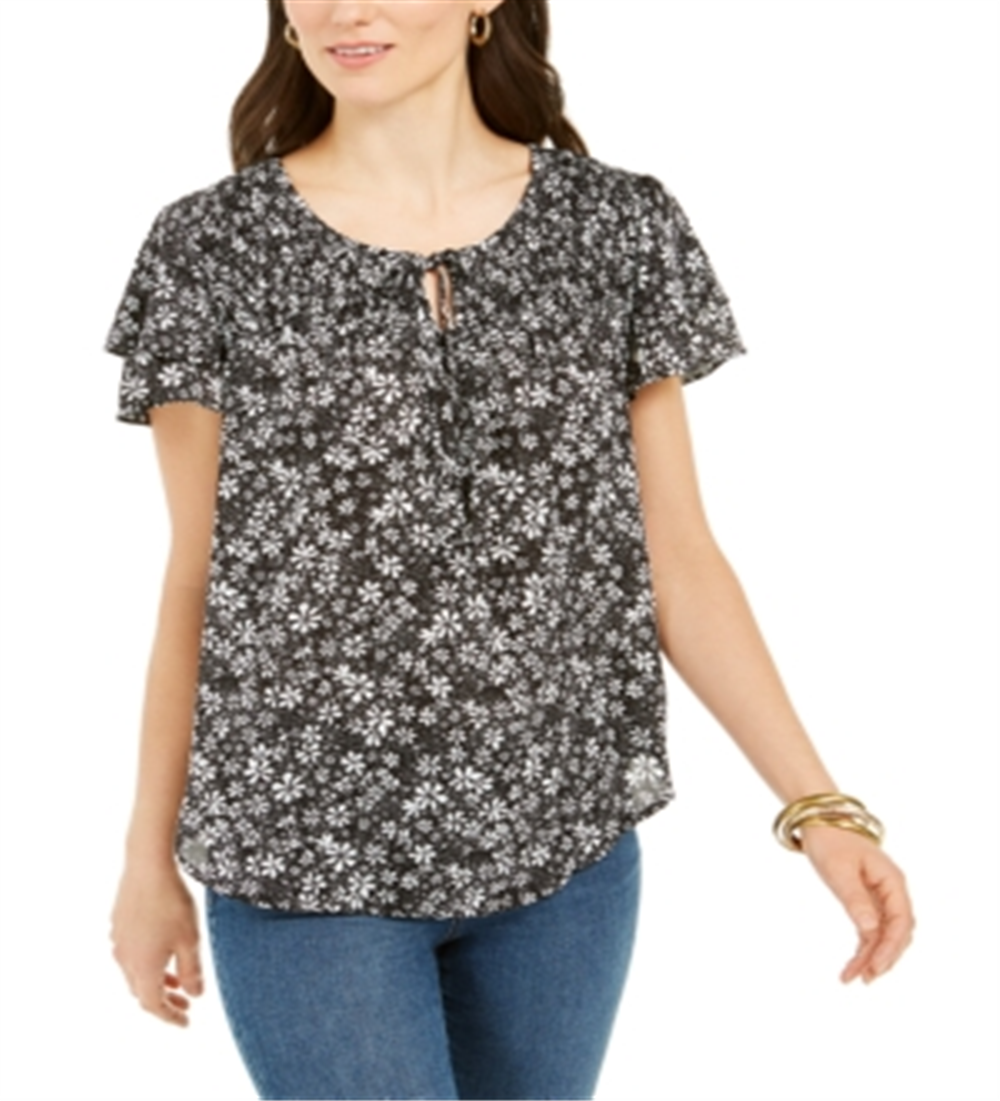 Style & Co Women's Smocked Split Neck Top Clothing Black Size M