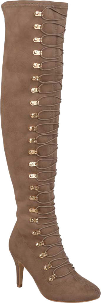 Journee Collection Women's Zip Elastic Laces Wide Calf Comfort Trill Round Toe Stiletto Heeled Boots Brown Size 12M