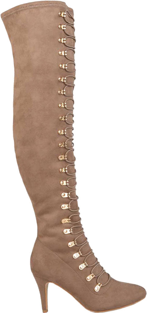 Journee Collection Women's Zip Elastic Laces Wide Calf Comfort Trill Round Toe Stiletto Heeled Boots Brown Size 12M