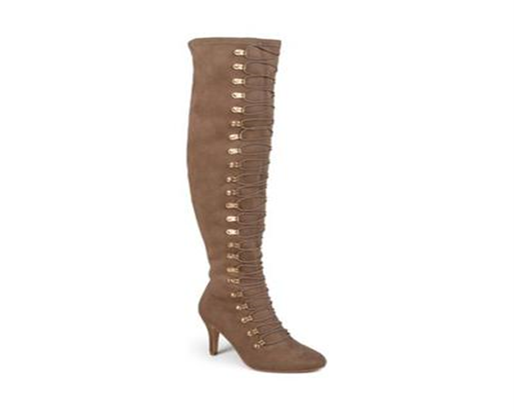 Journee Collection Women's Zip Elastic Laces Wide Calf Comfort Trill Round Toe Stiletto Heeled Boots Brown Size 12M