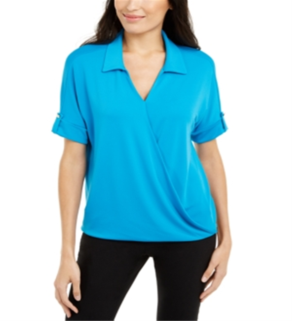 Alfani Women's Collared Knit Top Wild Turqoise Blue Size Petite X-Small