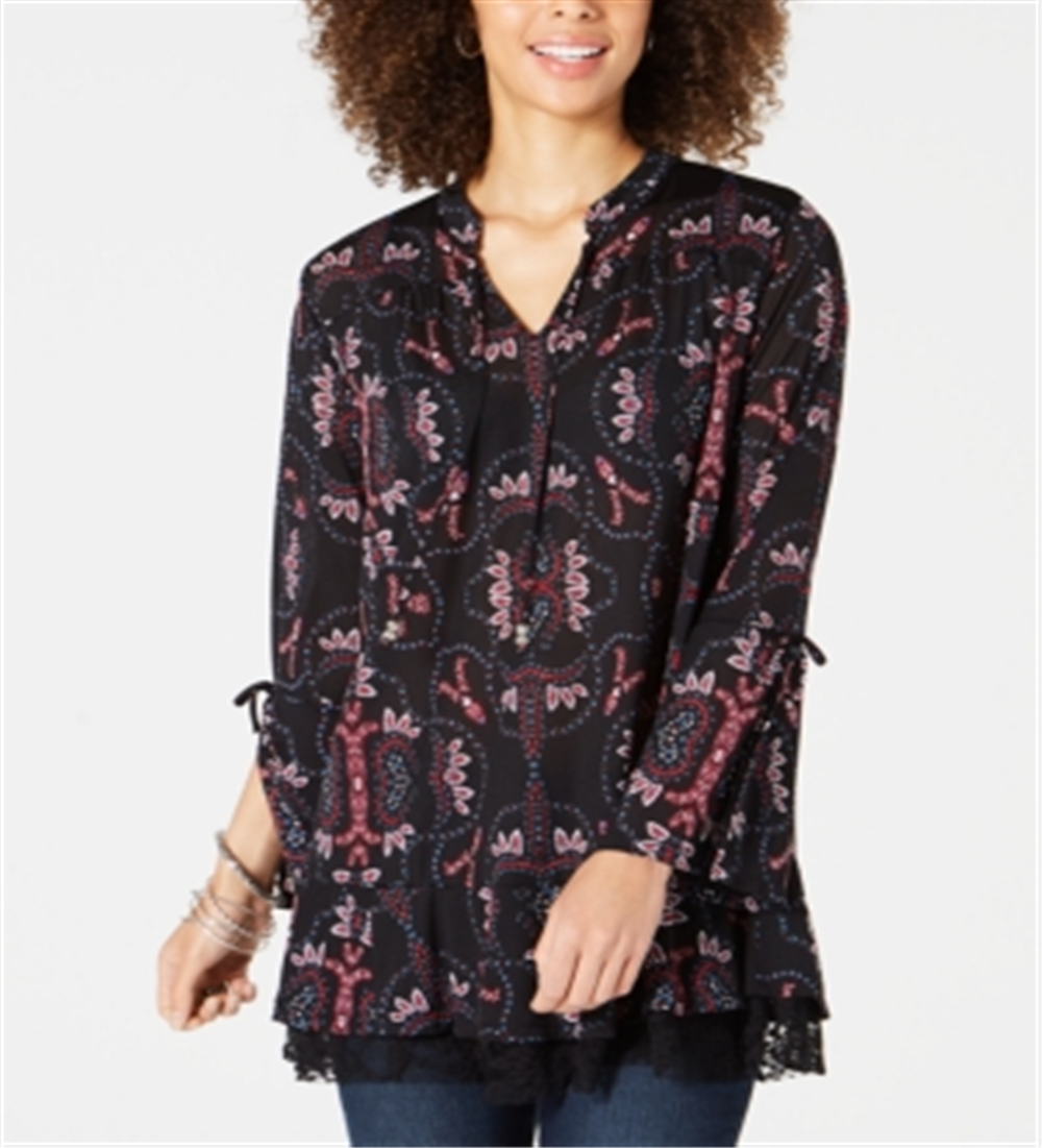 Style & Co Women's Printed Bell Sleeve Tunic Blue Petite XL