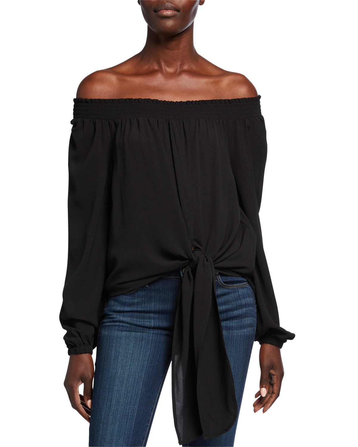 Michael Kors Women's Tie Front Smocked Off the Shoulder Top Black Size Medium