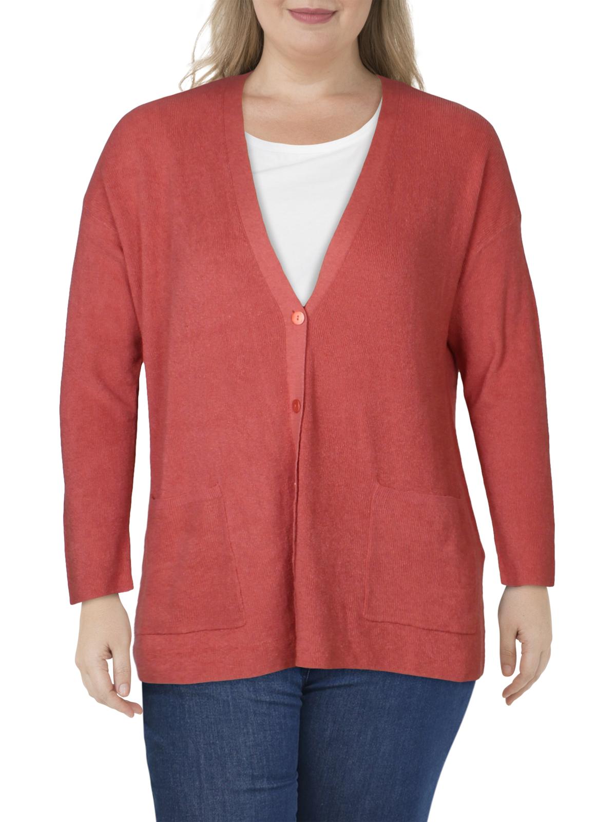 Eileen Fisher Women's Plus Linen Ribbed Cardigan Sweater Orange Size 1X