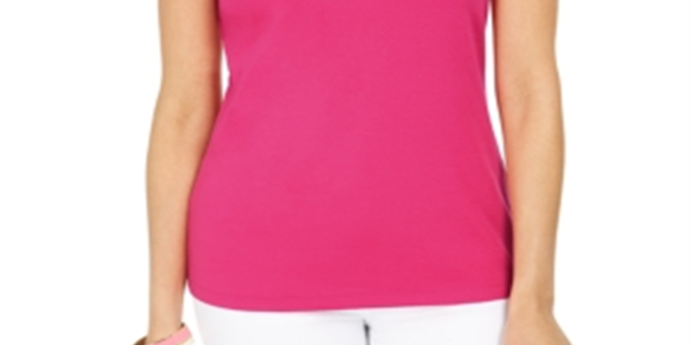 Karen Scott Women's Cotton Embellished Neck Top Pink Size X-Large