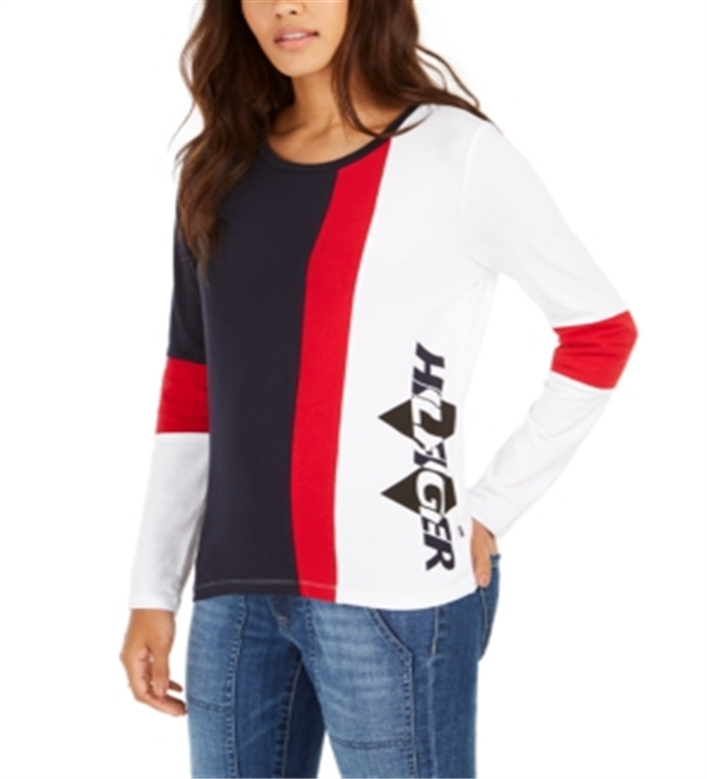Tommy HilfigerWomen's Logo Side Colorblock T-Shirt White Size Medium