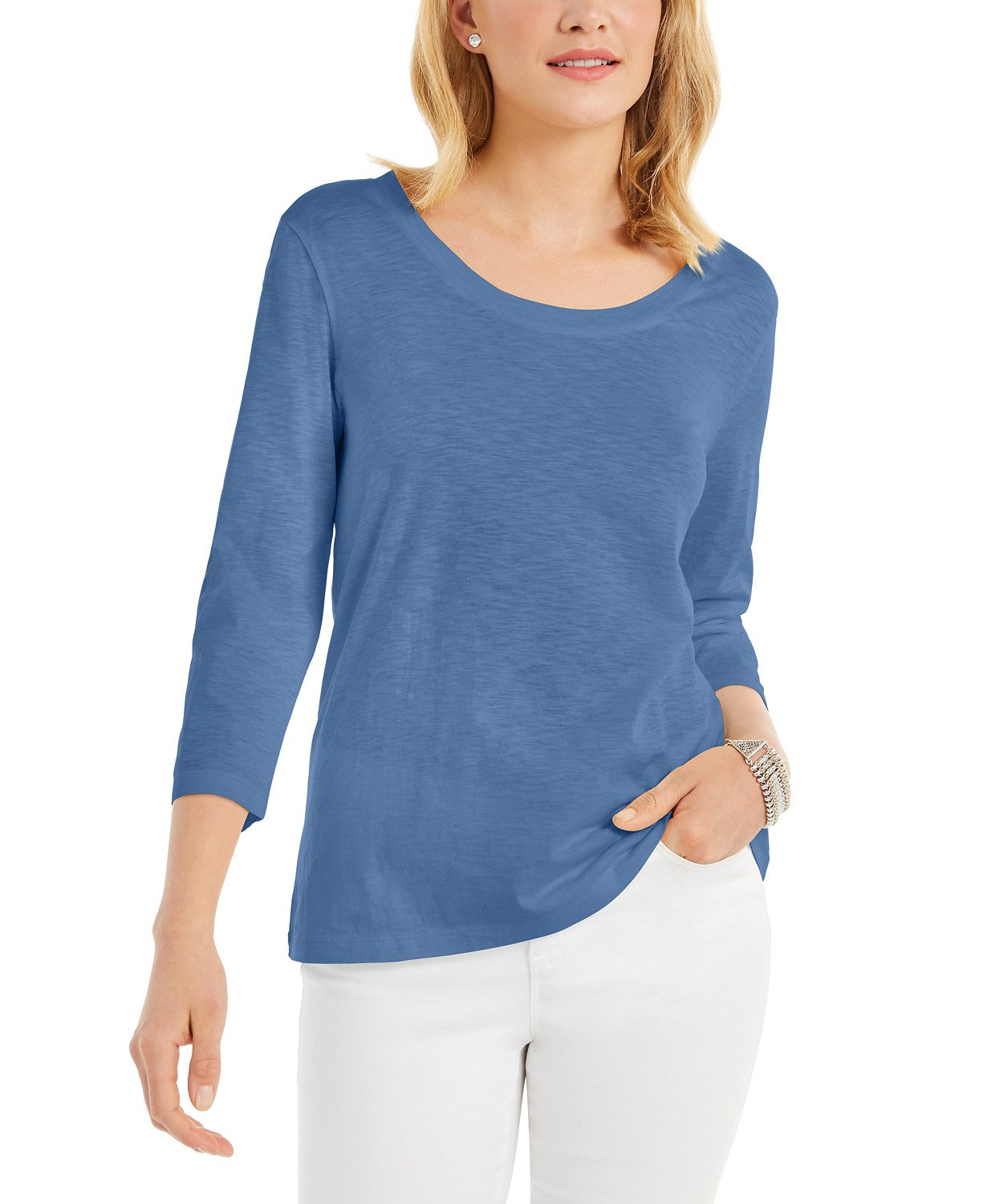 Style & Co Women's 3/4 Sleeve Scoop Neck Top Blue Size Large