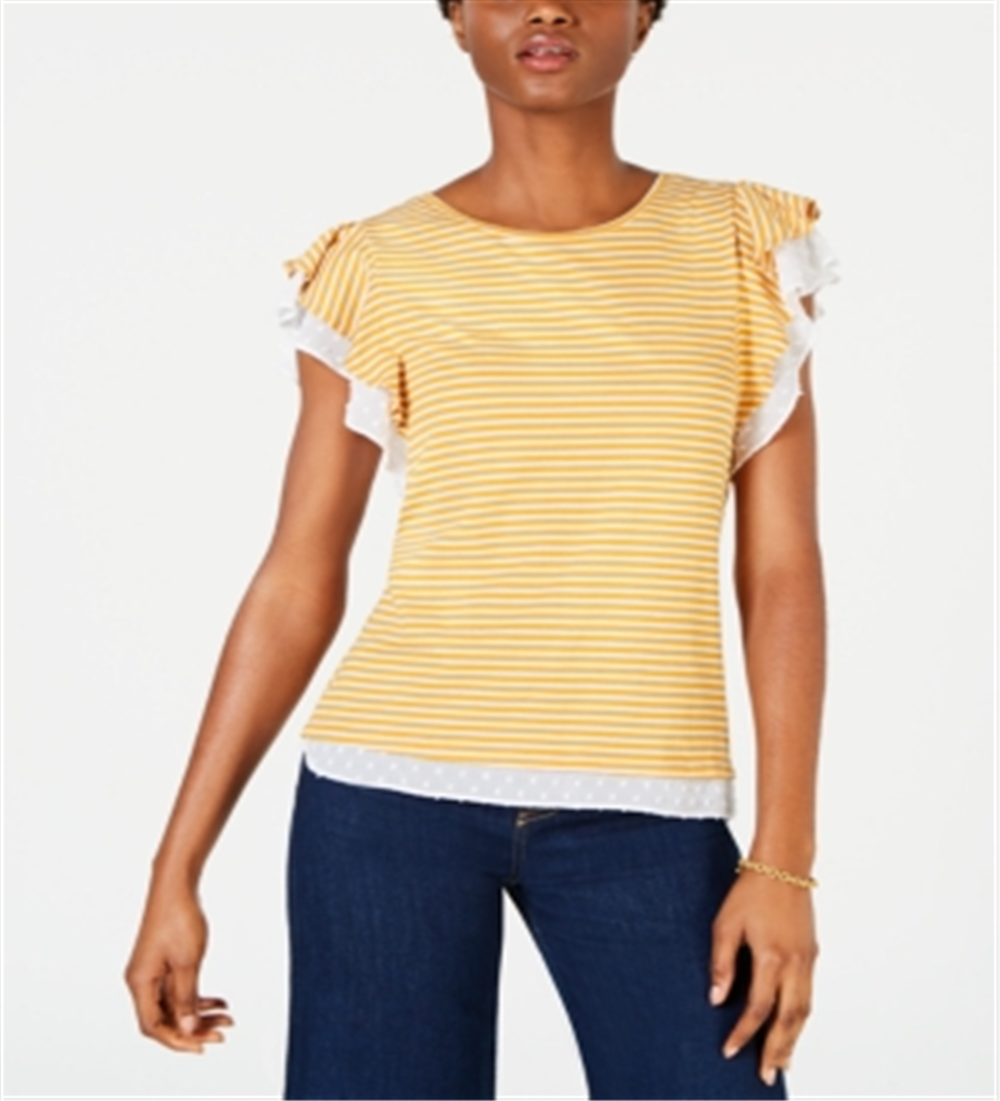 Maison Jules Women's Flutter Sleeve Striped Top Yellow Size Large