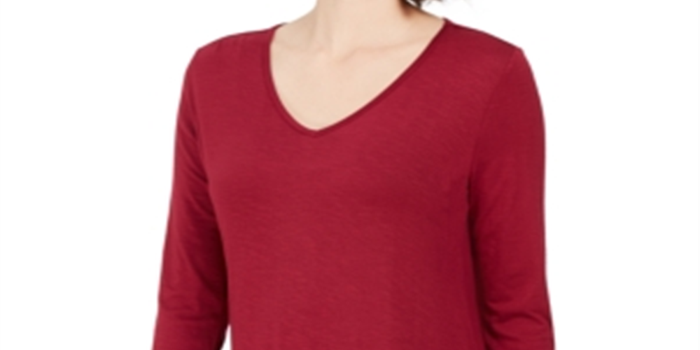 Style & Co Women's Solid Long Sleeve V Neck Top Red Size X-Large