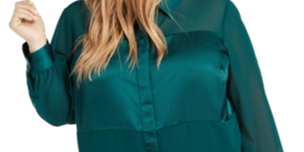 Alfani Plus Size Satin Mixed-Media Top True Emerald Green Size 1X