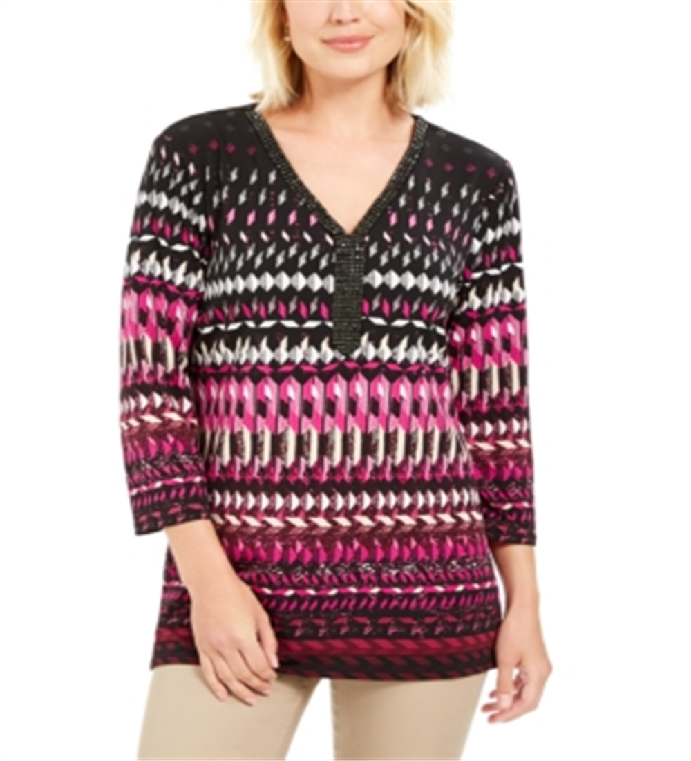 Jm Collection Petite Printed Tunic Geo Beat Pink Size Large
