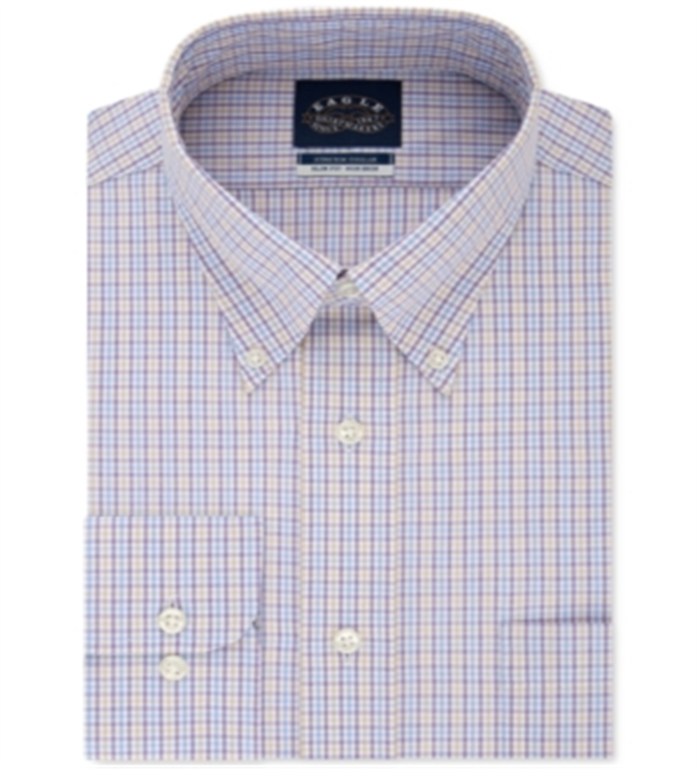Eagle Mens Dress Shirt Classic Blue Slim Fit Plaid Purple Size 17
