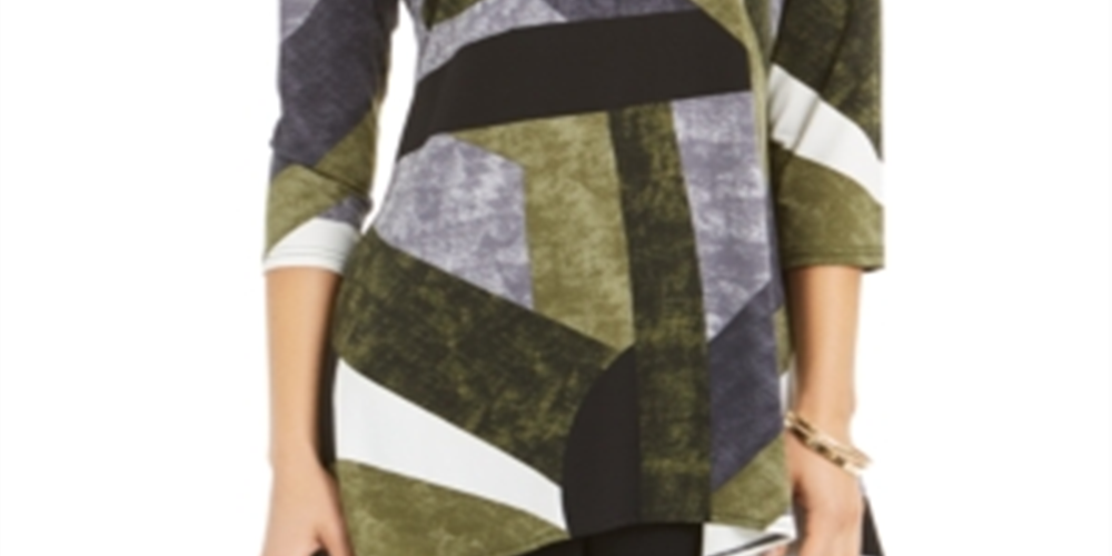 Alfani Women's Textured Colorblock Printed Swing Top Green Size Small