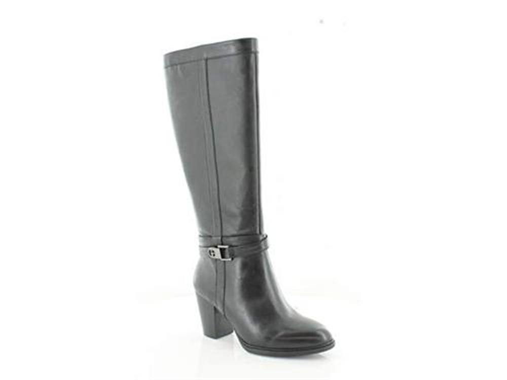 Giani Bernini Womens Black Buckle Accent Round Toe Stacked Heel Zip-up Leather Heeled Boots Size 5
