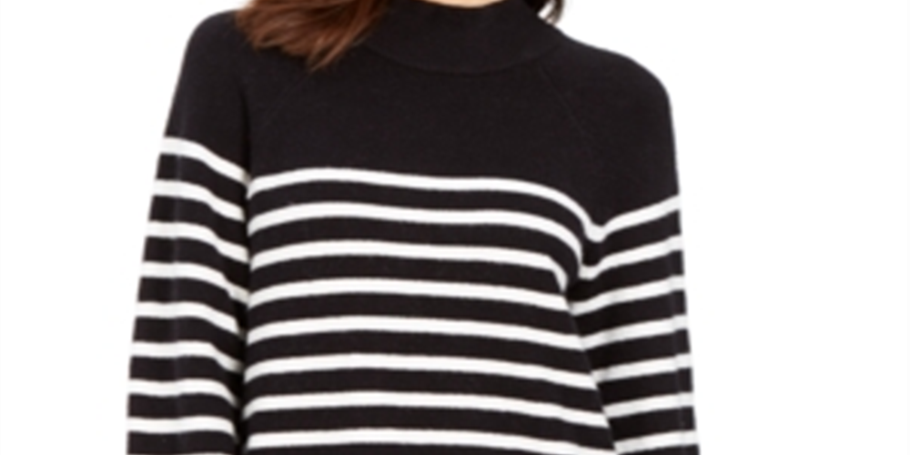 Charter Club Women's Split Back Striped Mockneck Sweater Black Size Petite XL