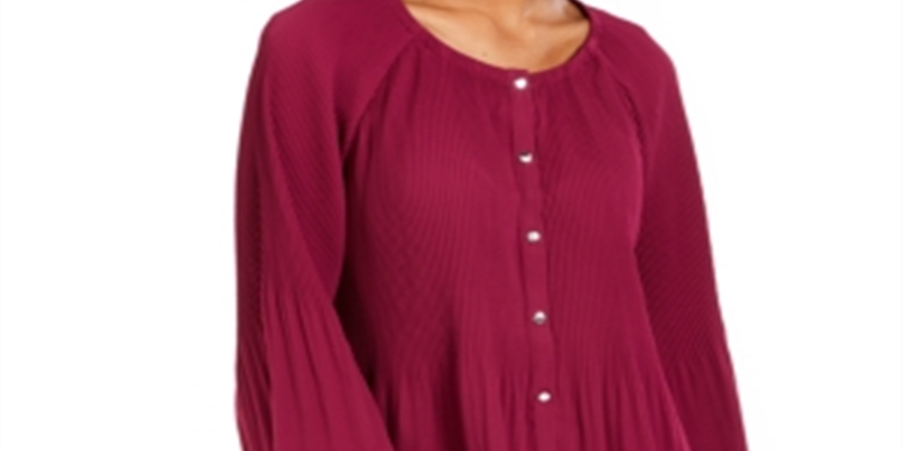 NY Collection Women's Pleated Button Front Bell Sleeve Top Purple Size -Petite XL
