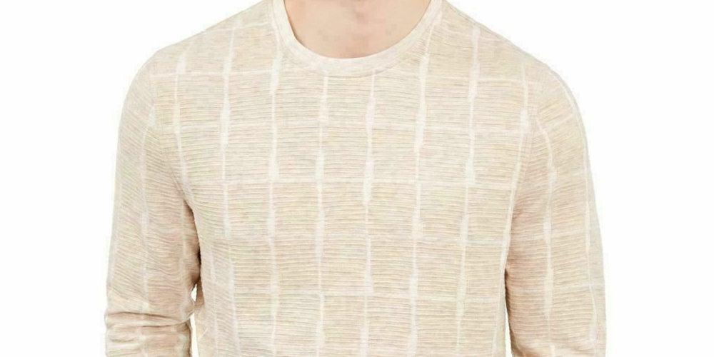 Alfani Men's Jacquard Grid Pullover Crewneck Sweater Beige Size 3XL