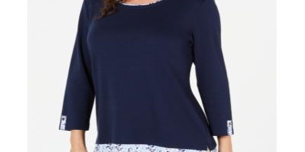 Karen Scott Women's Printed Trim Top Blue Size Petite XL
