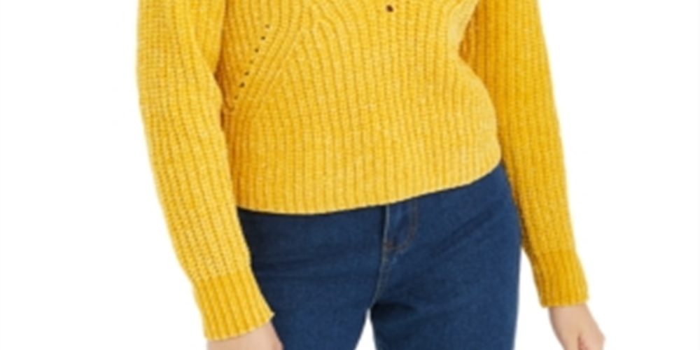 Bar III Women's Eyelet V Neck Crop Sweater Gold Size X-Small