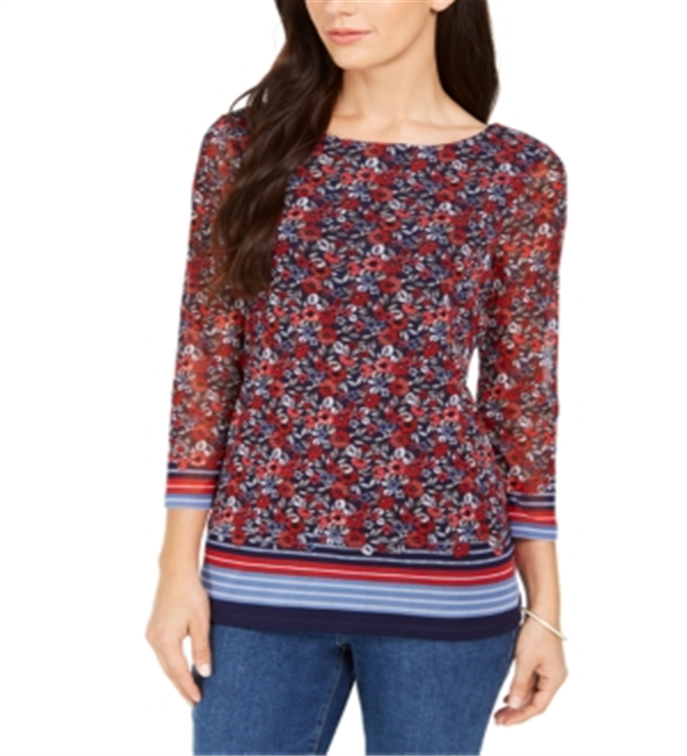 Charter Club Women's Sheer Sleeve Floral Print Top Red Size XS