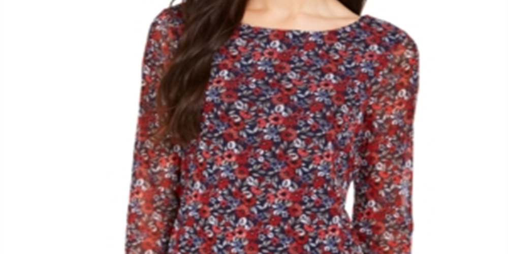 Charter Club Women's Sheer Sleeve Floral Print Top Red Size XS