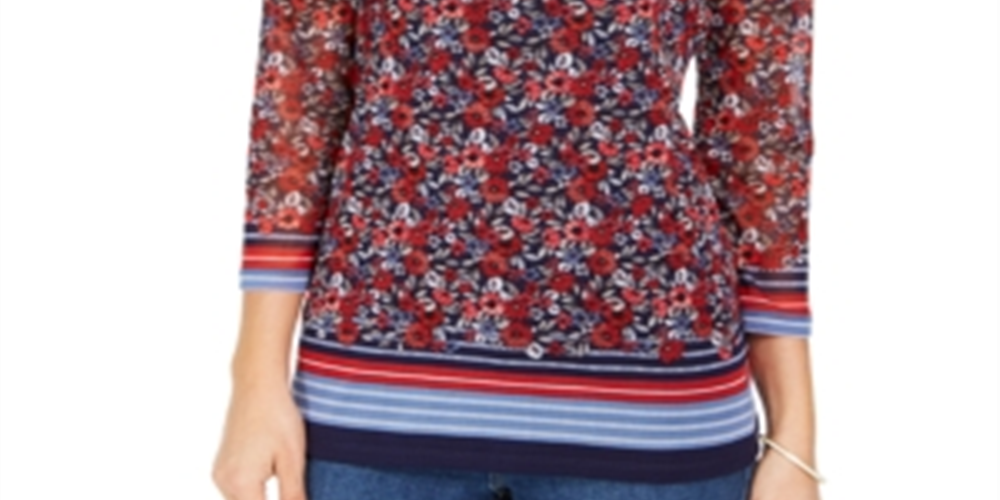 Charter Club Women's Sheer Sleeve Floral Print Top Red Size XS