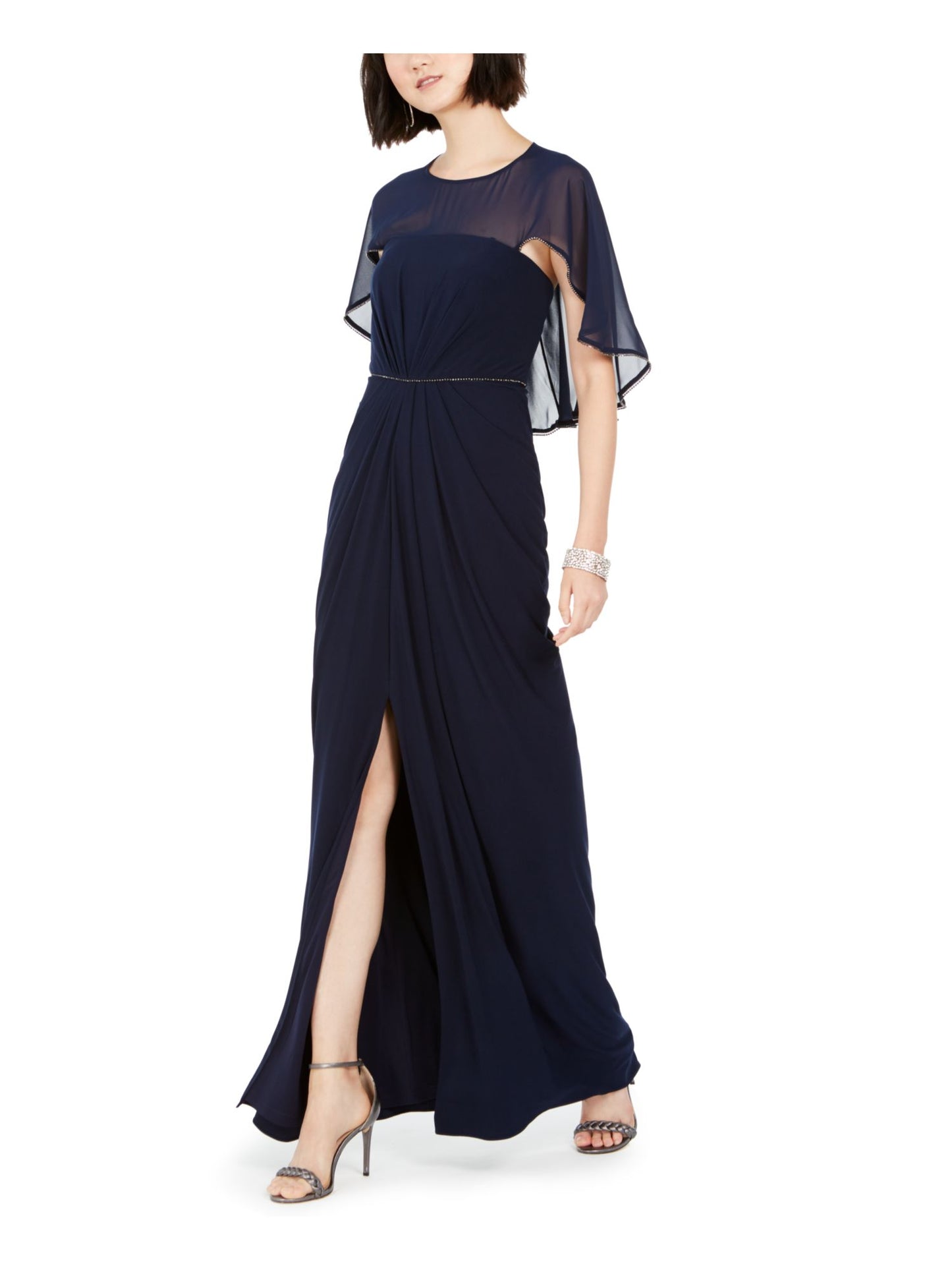 Adrianna Papell Women's Ruched Embellished Slitted Sleeveless Jewel Neck Full Length Fit Flare Evening Dress Blue Size 16
