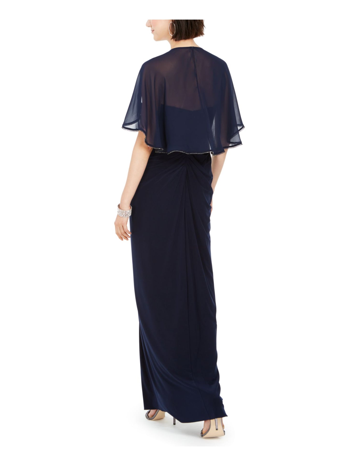 Adrianna Papell Women's Ruched Embellished Slitted Sleeveless Jewel Neck Full Length Fit Flare Evening Dress Blue Size 16